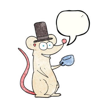 Serbest konuşma baloncuğu desenli çizgi film faresi bir insan tarafından çizilmiş çay fincanı