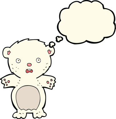 Bir insan tarafından çizilmiş düşünce baloncuklu korkmuş kutup ayısı çizgi filmi.