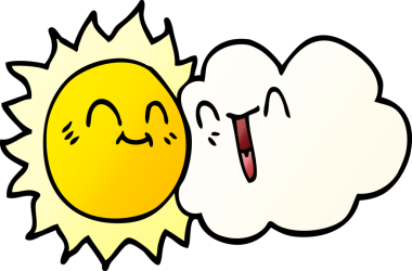 Çizgi film karalaması Mutlu güneş ışığı ve bir insan tarafından çizilen bulut