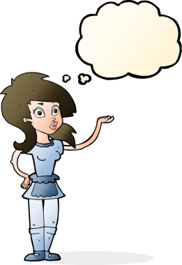 Bir insan tarafından çizilmiş düşünce kabarcığı olan güzel bir garson kız.