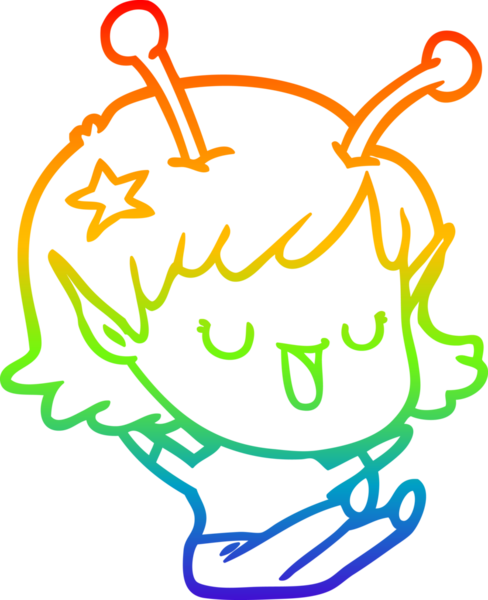 Gökkuşağı gradyan çizgisi mutlu uzaylı kız çizgi filmi bir insan tarafından çizilmiş.