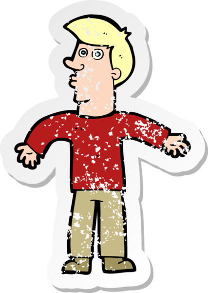 Bir insan tarafından çizilmiş omuzlarını silken bir çizgi film karakterinin gerilmiş çıkartması.