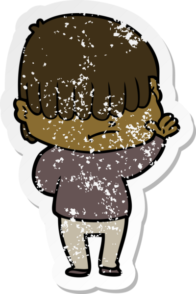 Bir insan tarafından çizilmiş dağınık saçlı bir çizgi film çocuğunun sıkıntılı çıkartması.