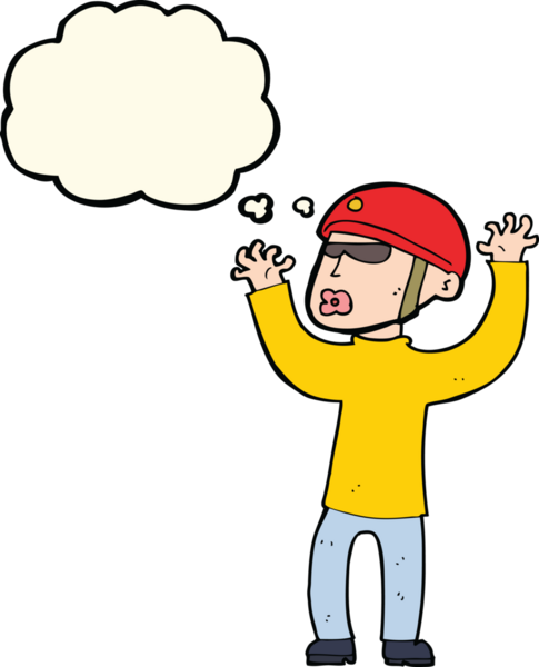 Bir insan tarafından çizilen düşünce baloncuğuyla panikleyen bir güvenlik görevlisi.