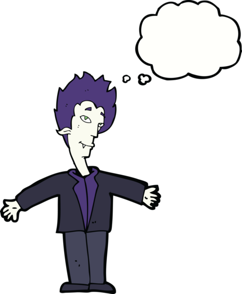 Bir insan tarafından çizilmiş düşünce balonlu mutlu vampir çizgi filmi.