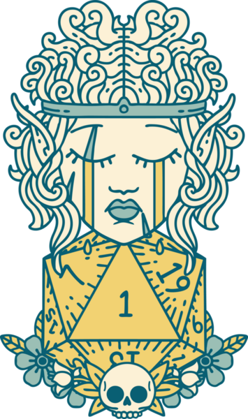 Retro Dövme Tarzı Ağlayan Elf Barbar Karakteri Bir insan tarafından çizilmiş doğal bir D20 rulosu