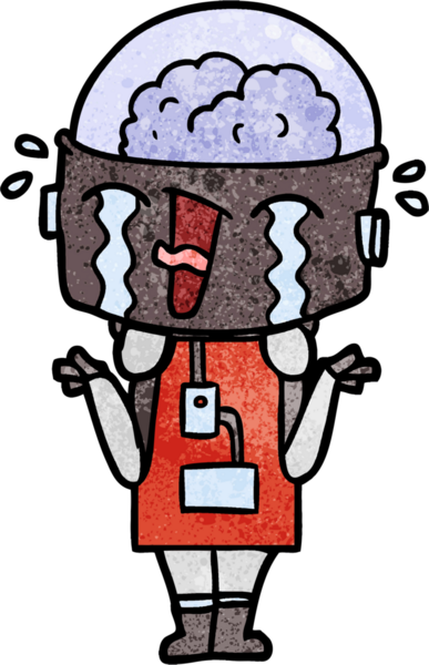 Çizgi film ağlayan robot omuz silkiyor Bir insan tarafından çizilmiş kafa karışıklığı içinde