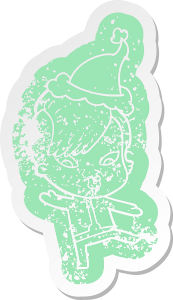 Bir insan tarafından çizilmiş Noel Baba şapkası giyen, bilim kurgu elbiseli, şaşırmış bir kızın garip bir karikatürü.