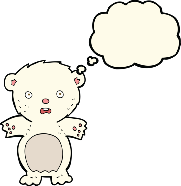 Bir insan tarafından çizilmiş düşünce baloncuklu korkmuş kutup ayısı çizgi filmi.