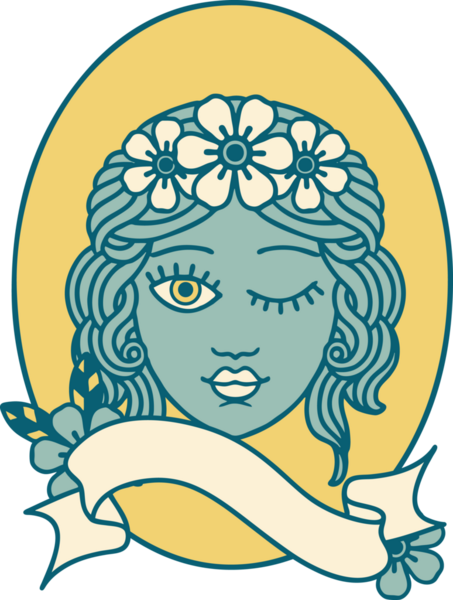 Geleneksel dövme, bir insan tarafından çizilmiş çiçek tacıyla süslenmiş bir kız dövmesi.