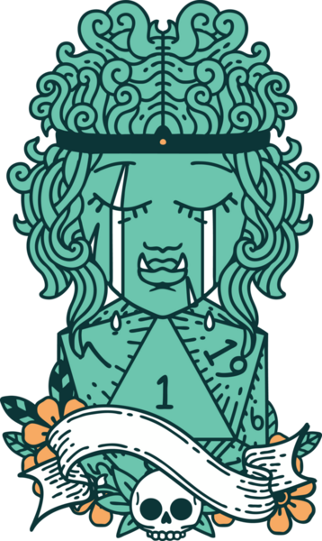 Retro Dövme Tarzı Ağlayan Ork barbar karakter yüzü ve bir insan tarafından çizilmiş doğal bir D20 rulo