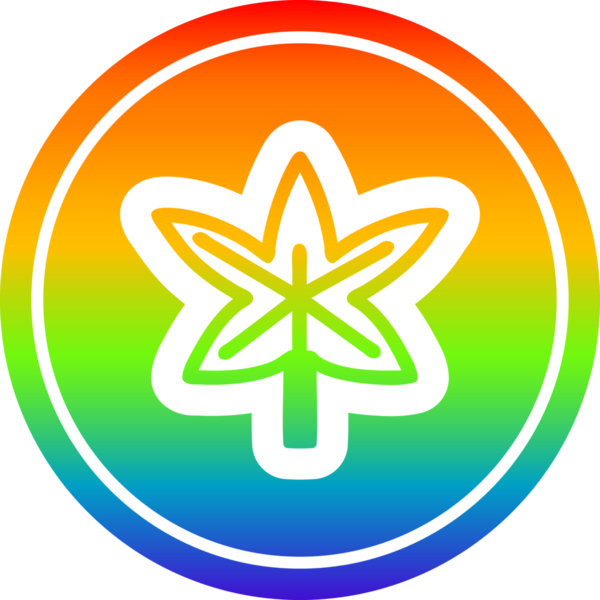 Bir insan tarafından çizilmiş gökkuşağı gradyanı olan marihuana yaprağı dairesel simgesi