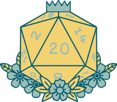 Retro Dövme Biçimi Doğal 20 D20 zar bir insan tarafından çizilmiş çiçek elementleriyle