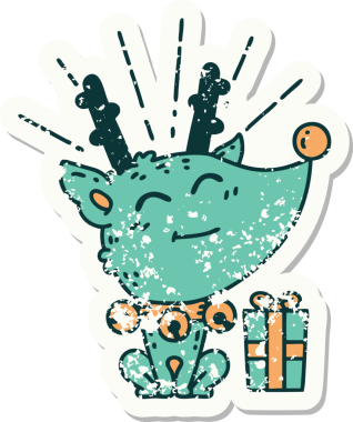 Dövme stili eski bir çıkartma. Ren geyiği. Bir insan tarafından çizilmiş.