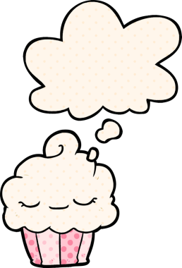 Bir insan tarafından çizilmiş, düşünce baloncuklu çizgi roman tarzı kek.