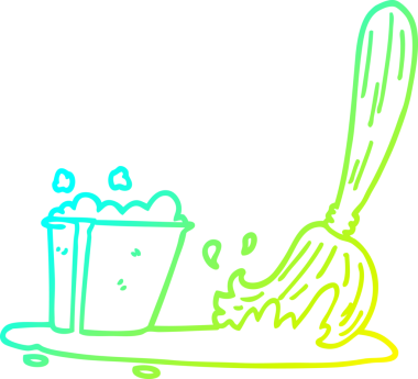 Bir insan tarafından çizilmiş çizgi film kovası ve paspas çizimi.