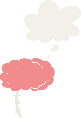 Düşünce baloncuklu karikatür beyni insan tarafından çizilmiş.