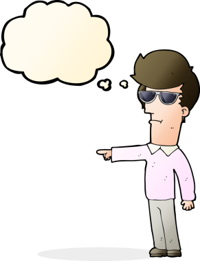 Bir insan tarafından çizilmiş düşünce kabarcığını gösteren gözlüklü bir çizgi film adamı.