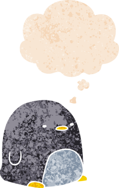 Homurdanan düşünce baloncuğu olan sevimli penguen dertli eski moda bir insan tarafından çizilmiş.