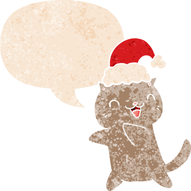 Hoş bir çizgi film kedisi ve grunge içinde konuşma baloncuğu insan tarafından çizilmiş kederli retro dokuma tarzı