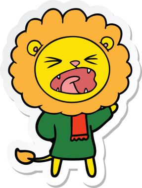 Bir insan tarafından çizilmiş kışlık giysili bir aslanın çıkartması.