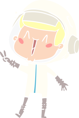 Mutlu düz renkli çizgi film astronotu bir insan tarafından çizilmiş barış işareti veriyor.