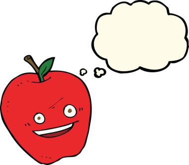 Bir insan tarafından çizilmiş düşünce balonlu mutlu elma çizgi filmi.