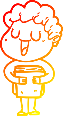 Bir insan tarafından çizilmiş kitabı olan gülen bir karikatürcünün sıcak çizgi çizimi.