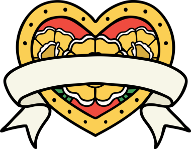 Geleneksel kalp şeklinde dövme ve bir insan tarafından çizilmiş çiçekli pankart.