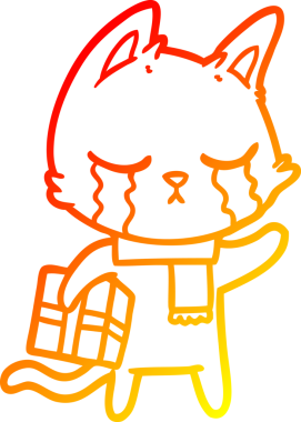 Bir insan tarafından çizilmiş Noel hediyesini elinde tutan ağlayan bir çizgi film kedisinin sıcak çizgi çizimi