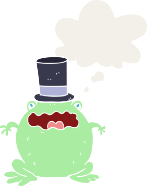 Düşünce baloncuklu silindir şapkalı çizgi film karakurbağası bir insan tarafından çizilmiş.