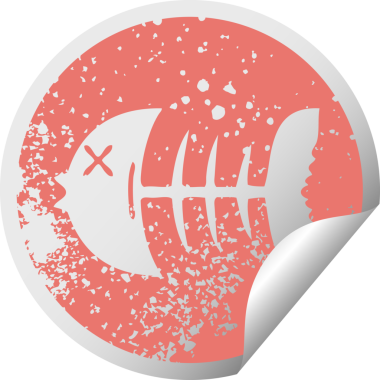 Sıkıntılı dairesel soyma etiketi garip bir sembol. Bir insan tarafından çizilmiş ölü balık kemiği.