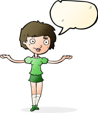 Bir insan tarafından çizilen konuşma baloncuğuyla kollarını açan çizgi film kadını.