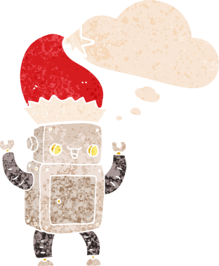 Düşünce baloncuklu çizgi roman robotu grunge sıkıntılı retro desenli bir insan tarafından çizilmiş