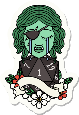 Ağlayan bir Ork karakterinin çıkartması. Doğal bir d20 zar atışıyla bir insan tarafından çizilmiş.