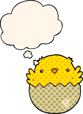 Çizgi roman tarzında bir insan tarafından çizilmiş düşünce baloncuğuyla yumurtadan çıkan karikatür yavrusu.