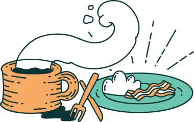 Geleneksel dövme stili kahvaltı ve bir insanın çizdiği kahvenin resmi.