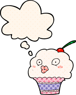 Bir insan tarafından çizilmiş, düşünce baloncuklu çizgi roman tarzı kek.