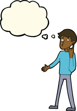 Çizgi filmci bir insan tarafından çizilmiş düşünce baloncuğuyla soru soruyor.