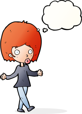 Bir insan tarafından çizilmiş düşünce baloncuğu olan kafası karışık bir kadın çizgi filmi.