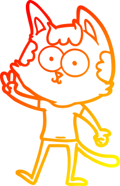 Bir insan tarafından çizilen barış işaretini veren mutlu çizgi film kedisinin sıcak çizgi çizimi