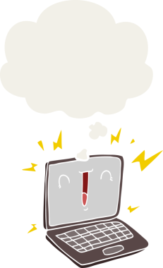 Düşünce baloncuklu karikatür dizüstü bilgisayar insan tarafından çizilmiş.