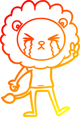 İnsan tarafından çizilmiş barış işareti veren, ağlayan bir aslanın çizgi çizimi.