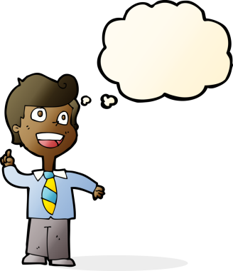 Bir insan tarafından çizilmiş düşünce baloncuğuyla el kaldıran okul çocuğu.