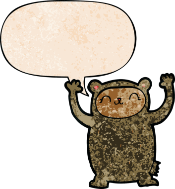 Bir insan tarafından çizilmiş eski tarz konuşma baloncuğu olan sevimli çizgi film ayısı.