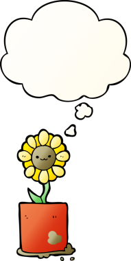 Bir insan tarafından çizilmiş yumuşak eğimli düşünce baloncuklu şirin çizgi film çiçekleri.