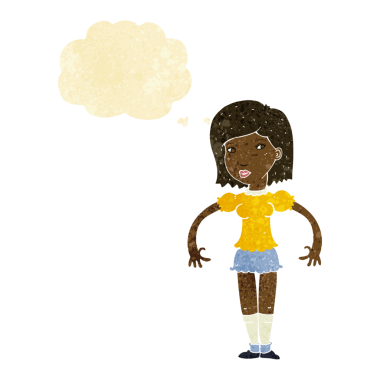 Bir insan tarafından çizilmiş düşünce baloncuğuyla yan bakan çizgi film kadını.