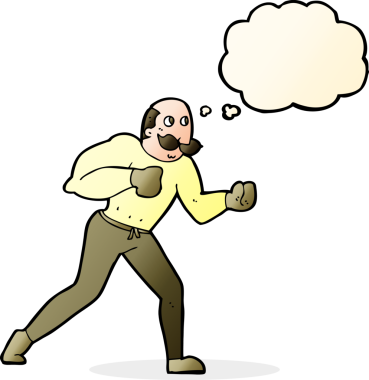 Bir insan tarafından çizilmiş düşünce balonlu retro boksör.