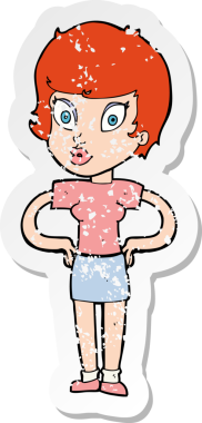 Bir insan tarafından çizilmiş kalçasında elleri olan bir karikatür kadının gerilmiş çıkartması.