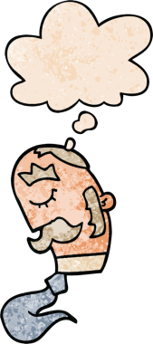 Düşünce baloncuğu olan bıyıklı çizgi film adamı. Bir insan tarafından çizilmiş.